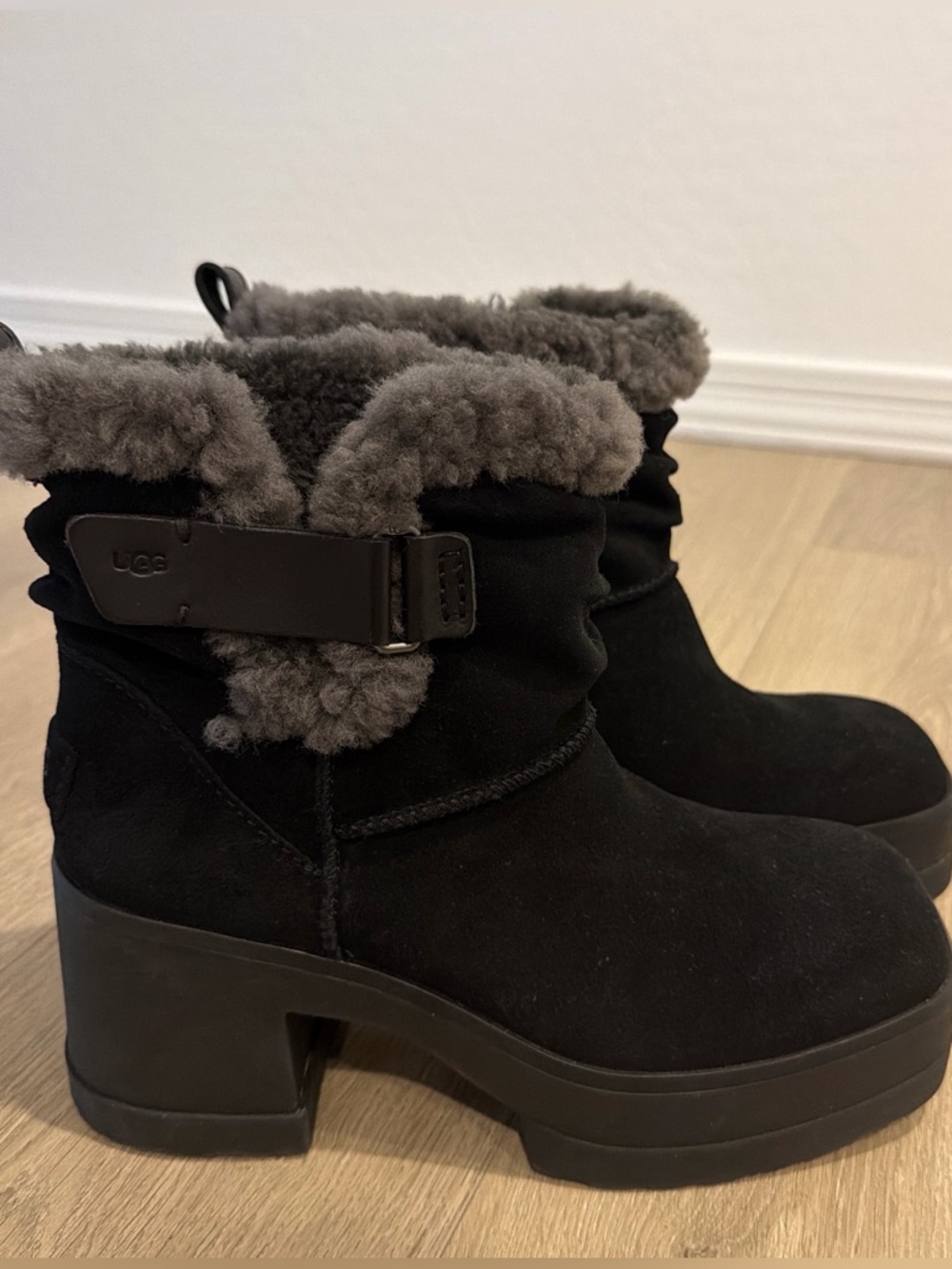 UGG Moxy Pull On Black Suede Shearling-Trim Ankle Boots